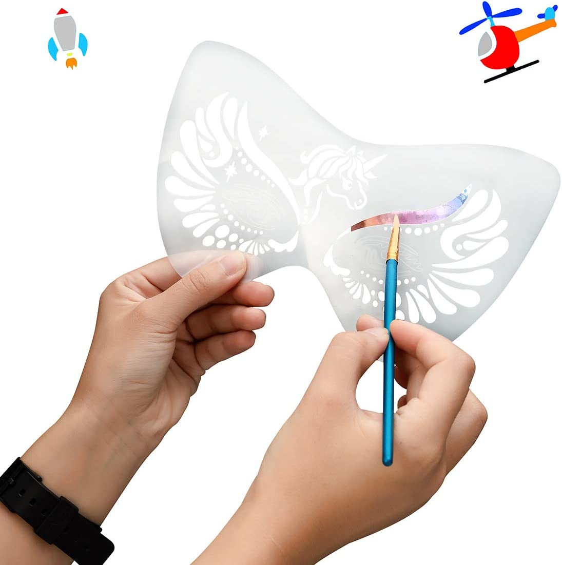 31 Pieces Face Stencils Kit, 17 Reusable Large Face Paint Stencils, 4 Small Stick Paint Stencils and 10 Pieces Painting Brushes for Kids Face Painting, Tattoo Stencils, Holiday Halloween Makeup image number 5