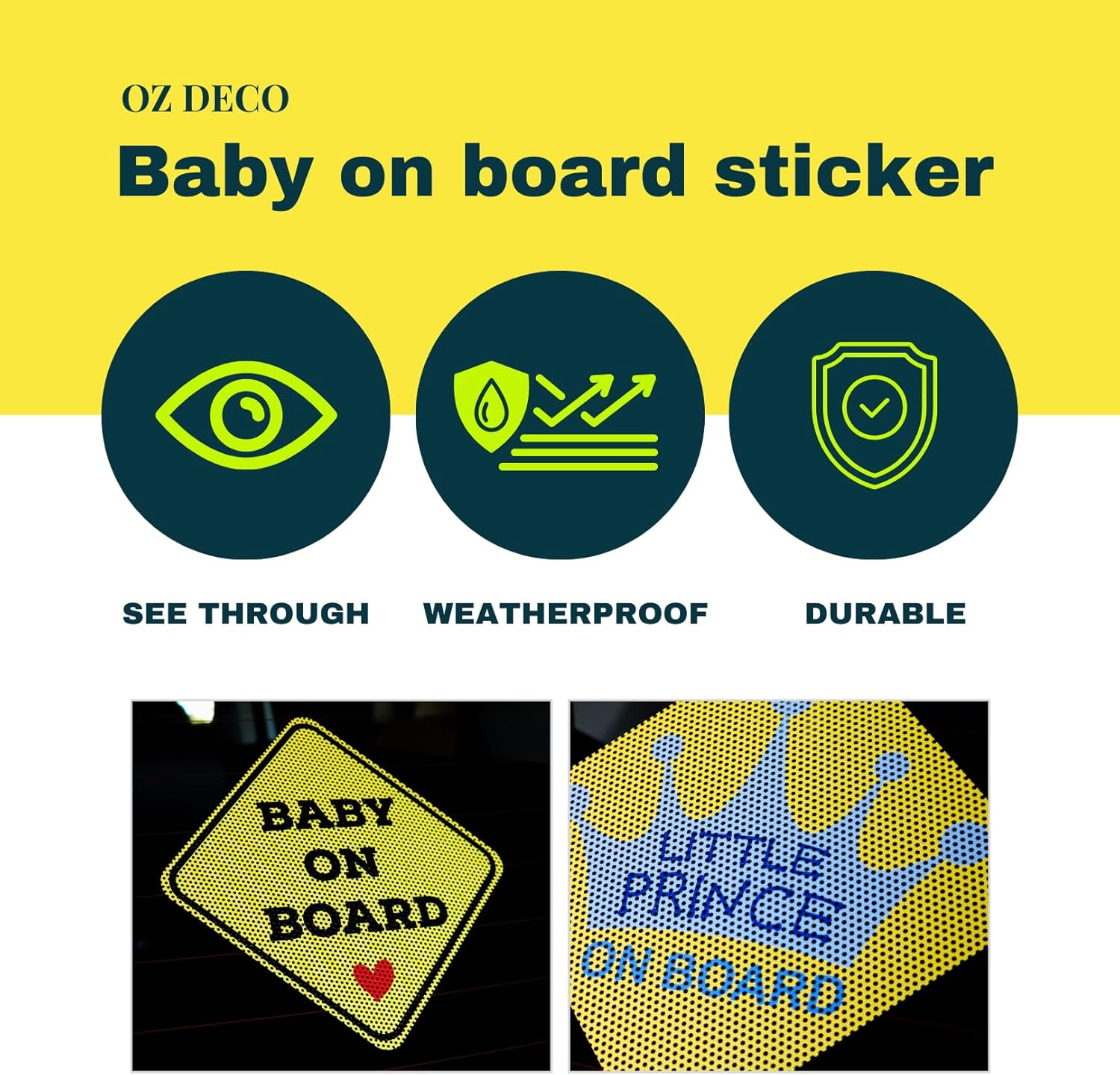 Baby on Board Car Sticker, Little Prince on Board Perforated Car Decal, See-Through Safety Sign, Strong Adhesive, High Visibility Yellow Design, Ideal for Family Vehicles (2-Pack) (Yello/Blue)
