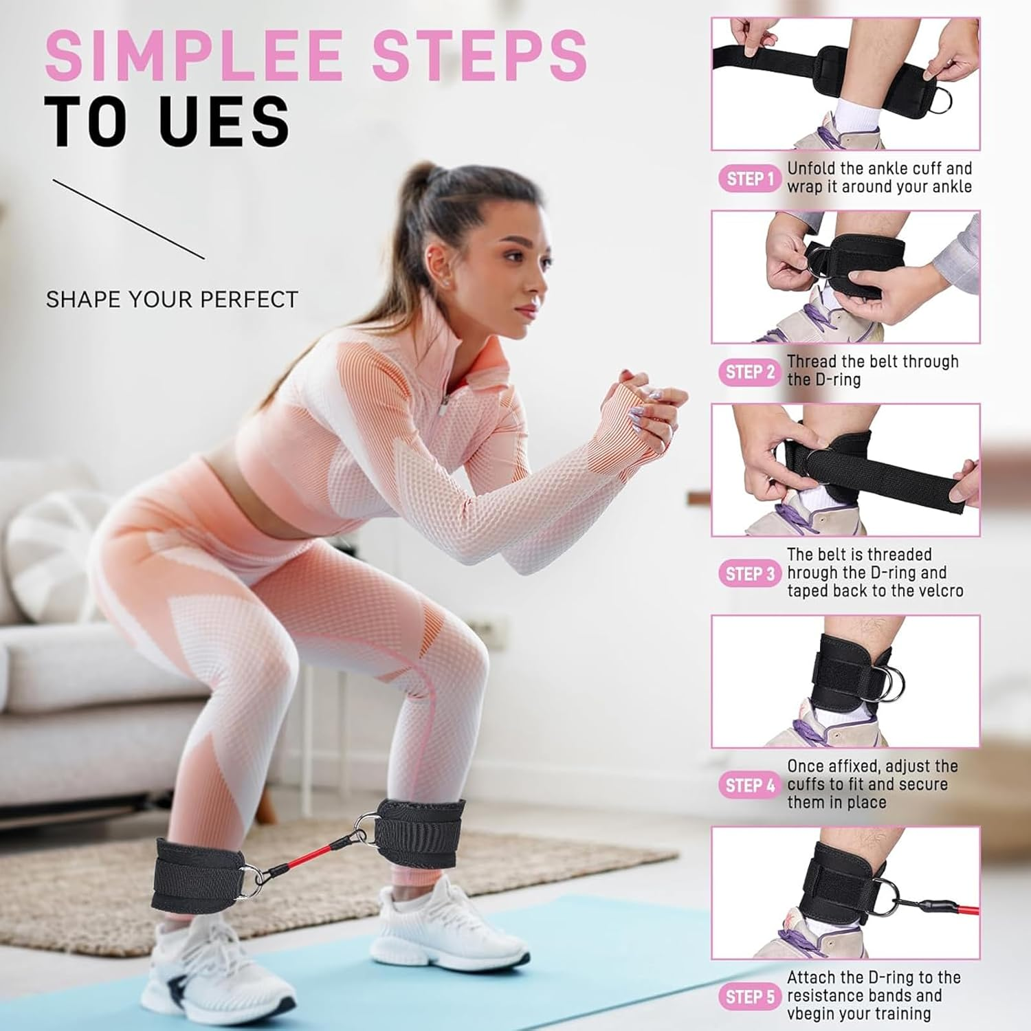 Resistance Bands Set with Ankle Straps, Ankle Resistance Bands with Cuffs, Ankle Bands for Working Out, Glutes Workout and Butt Exercise Equipment for Women Legs and Glutes image number 3