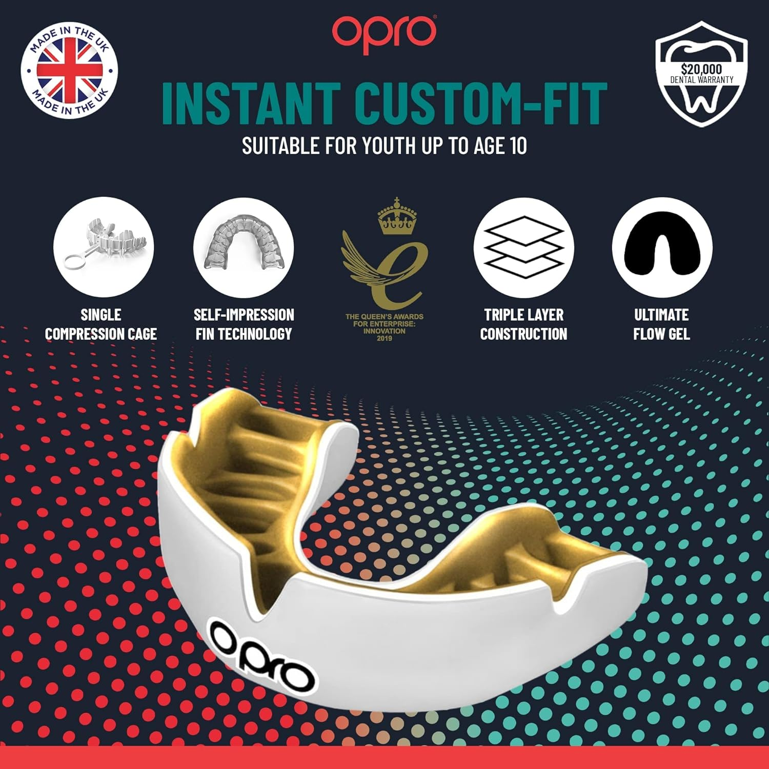 OPRO New Instant Custom-Fit Mouth Guard, Dentist Mouthguard, Revolutionary Fitting Technology for Ultimate Comfort, Protection & Fit, Gum Shield for Rugby, Boxing, Hockey, MMA (Gold, Youth) image number 3