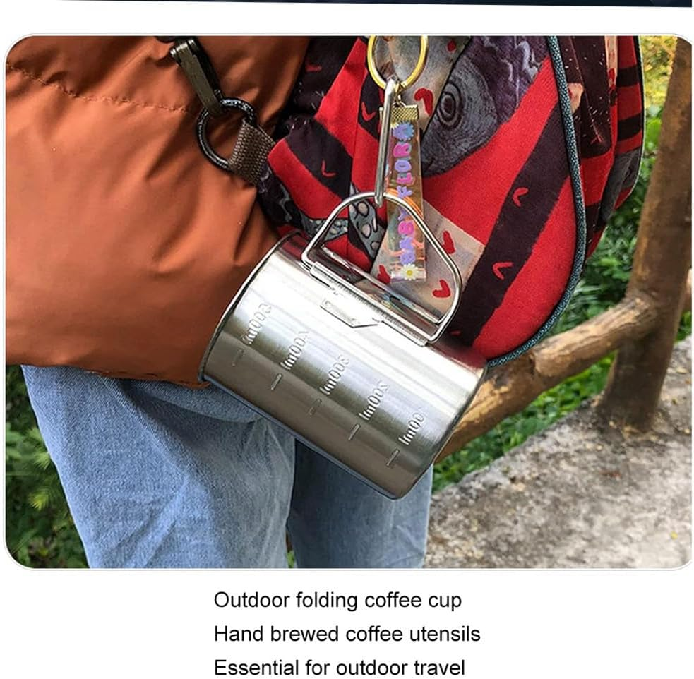 Outdoor Coffee Cup Set Stainless Steel Camping Mug with Lid, Camping Coffee Cup with Foldable Handle for Hiking Travelling (500Ml)