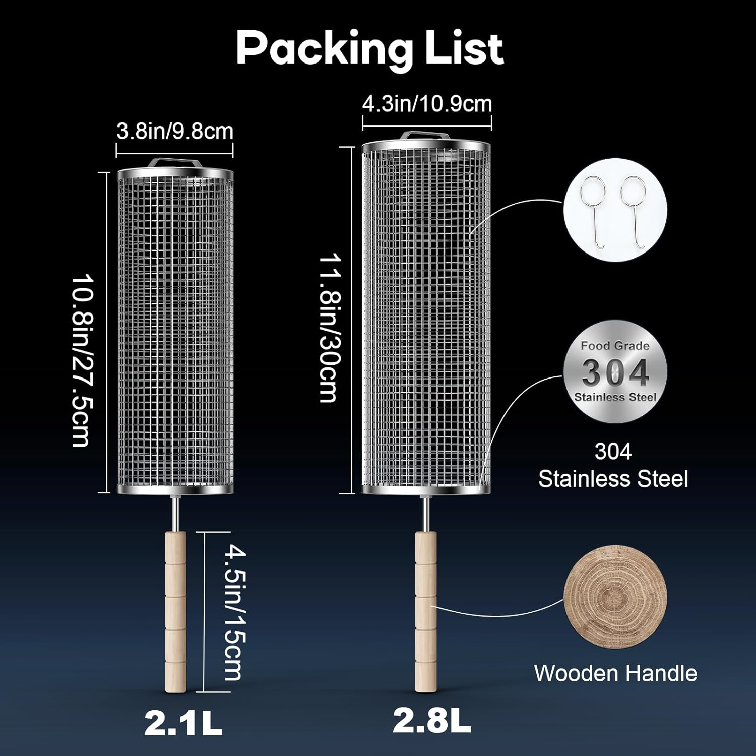 LANEJOY Rolling Grill Baskets with Handle (30 Cm X 10.9 Cm), 2 PCS Stainless Steel Rolling Grilling Basket for Outdoor Grill, Barbecue Accessories Gift image number 5