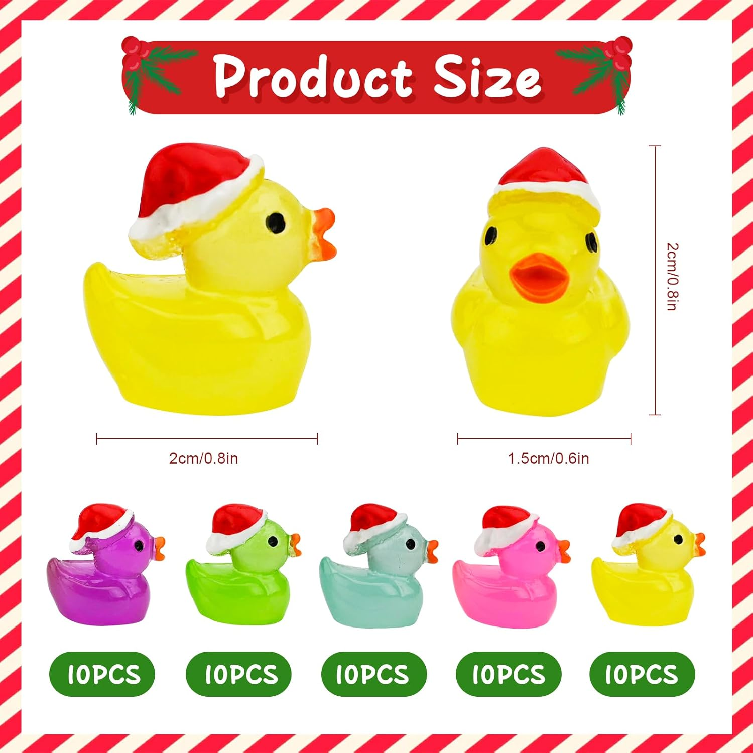 50Pcs Christmas Mini Ducks Miniature, 5Colors Luminous Ducks Figurines Wtih Christmas Hat, Figures Ornament for Micro Landscape Dollhouse Miniature Statue Landscape Craft Cake Topper image number 3