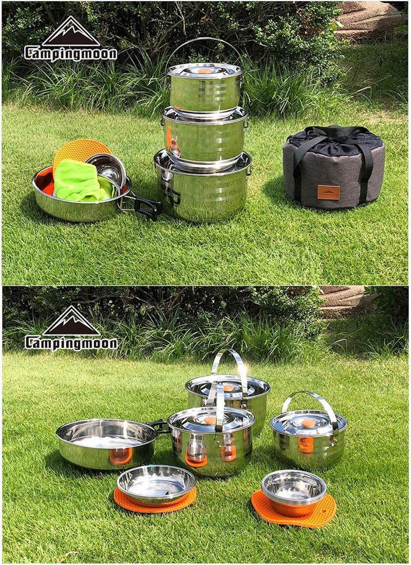 CAMPINGMOON Stainless Steel Outdoor Camping Nesting Mess Kit Cookware Set Pots Pans with Storage Carrying Bag - 13Pcs Set (Mc210) image number 2