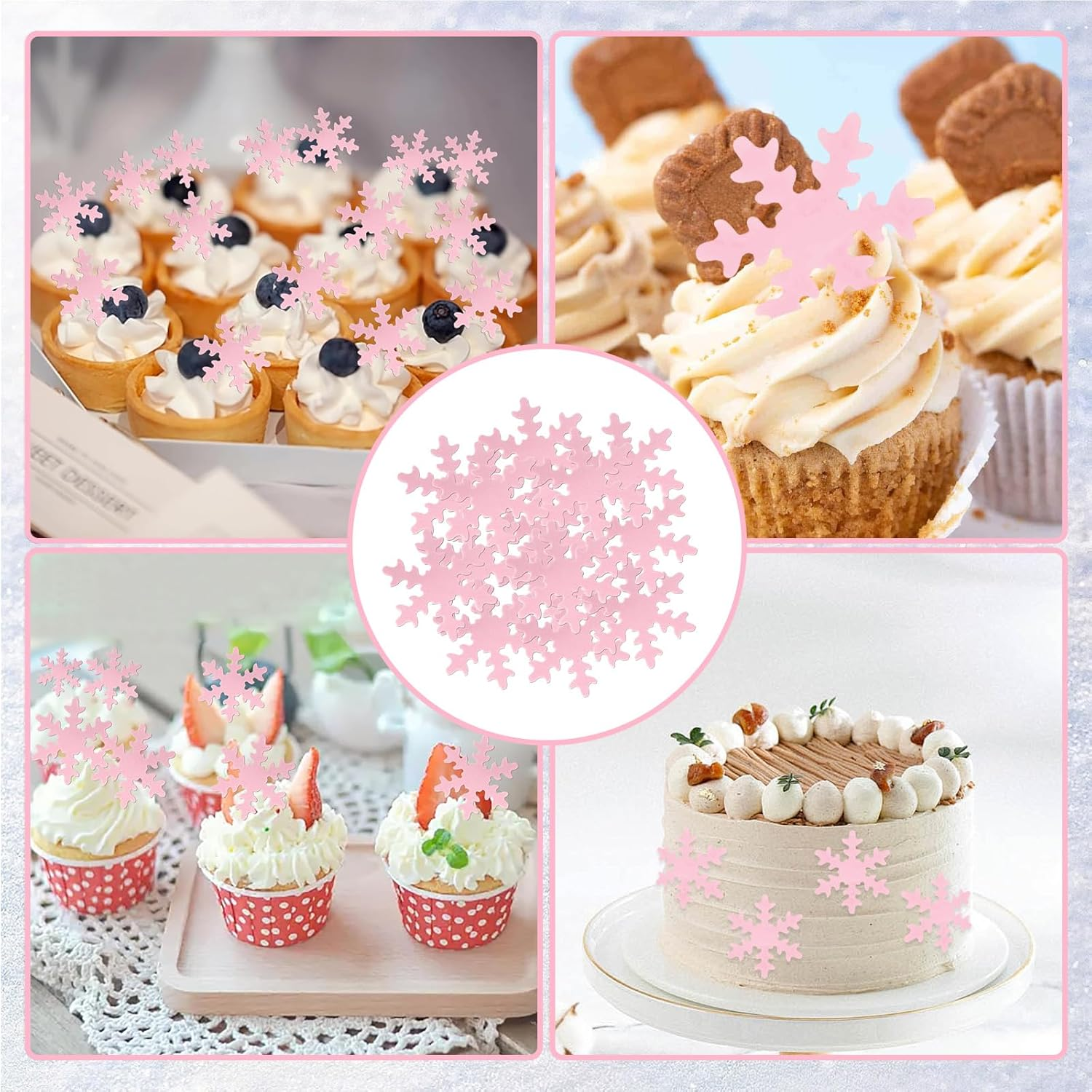 50Pcs Snowflake Cake Cupcake Topper, Edible Winter Frozen Snowflake Cake Decorations Edible Wafer Paper for Birthday Party Decor Supplies (Pink) image number 6