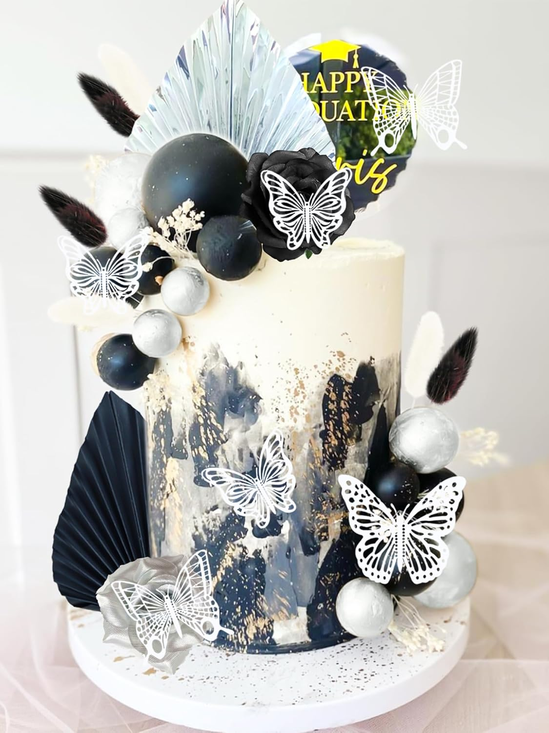 Jevenis Gothic Cake Decoration Black Rose Cake Topper Goth Butterfly Palm Leaves Punk Cake Decoration for Wedding Bridal Shower image number 6