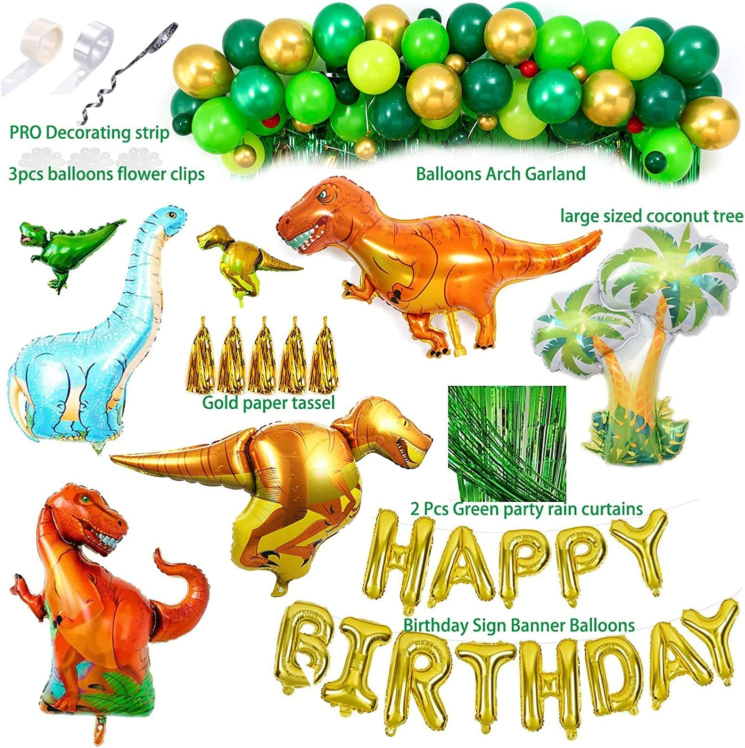 Dinosaur Party Decorations 101Pcs Dinosaur Birthday Party Supplies with Dinosaurs Balloons, Happy Birthday Balloons, Curtains, Dinosaur Theme Party for Birthday Celebration image number 2
