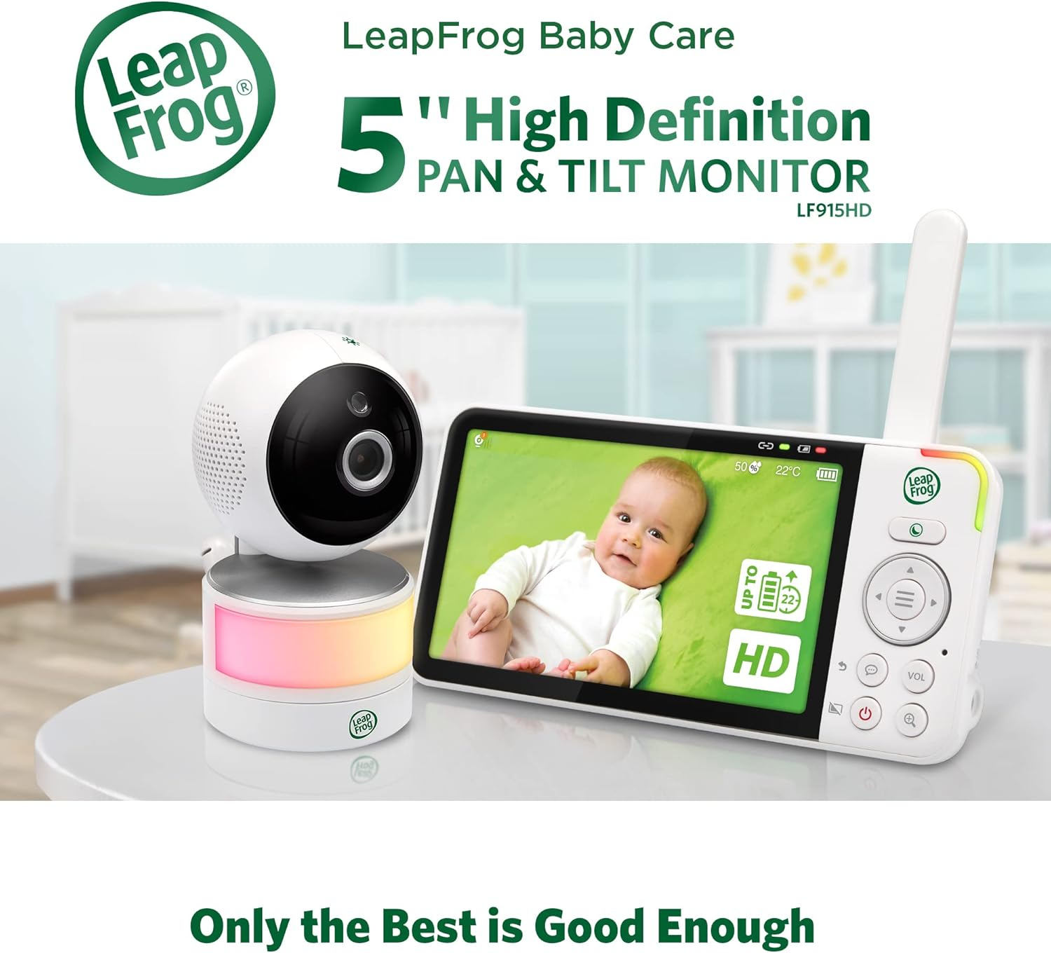 Leapfrog LF915HD 5" Pan & Tilt Video Baby Monitor, Colour Night Vision, Night Light, 2-Way Talk, Soothing Sounds, Temp/Humidity Sensor & Motion Detection, up to 15 Hours Battery Life image number 4