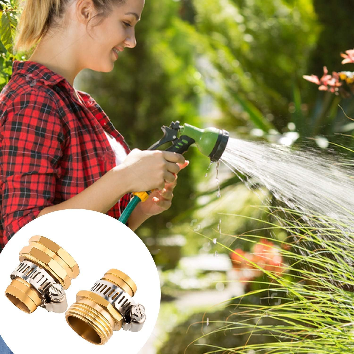 2 Set Solid Brass Female and Male Hose Connector Fit for 3/4" or 5/8" Garden Hose,Solid Brass Mender Female and Male Hose Connector with Clamps image number 6