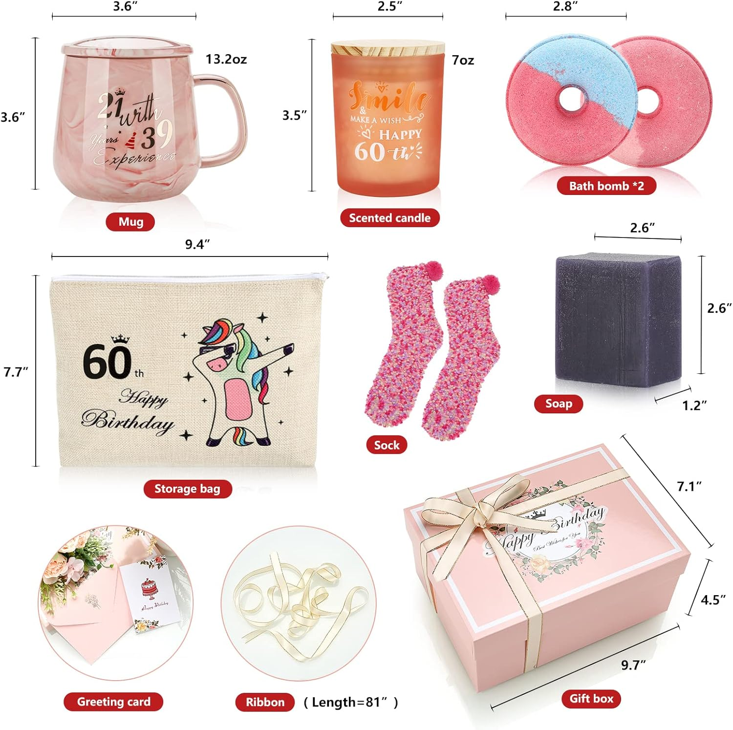 60Th Birthday Gifts for Women, Birthday Pamper Gifts for Mum Sister Wife Grandma Mom, Pamper Kit Self Care Package for Women Relaxing Bath Sets Spa Gift Baskets for Best Friend, Coffee Cup, Candle image number 1