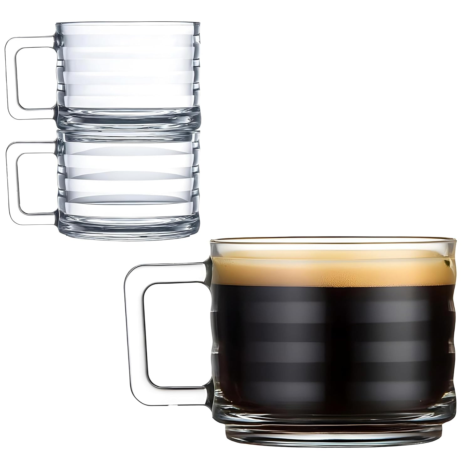 Stackable Coffee Cup Set, Fully Tempered Coffee Mug, Tea Cup Set, Ribbed Glassware, Vintage Glass Coffee Mugs, Turkish Coffee Cup Set, Cappuccino Cup, Housewarming Gift (250Cc/8.5Oz) (Set of 2) image number 5