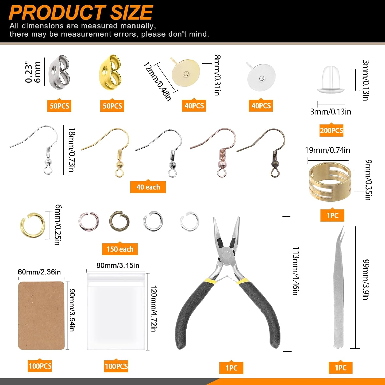 1533Pcs Hypoallergenic Earring Making Supplies Kit with Earring Hook, Earring Back, Earring Posts, Jump Ring, Jewelry Pliers, Earring Holder Card, Clear Bag for Jewelry Making Earring Repair - 5 Colors - Earring Making Supplies image number 4