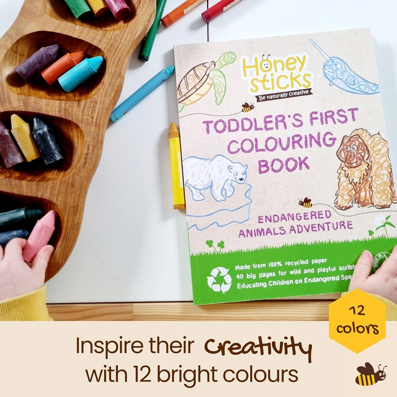 Honeysticks 100% Pure Beeswax Crayons and Colouring Book Pack - Large, Easy to Hold, Non Toxic Crayons (12 Pack) plus a Bound Colouring Book, Wonderful for Toddlers image number 3