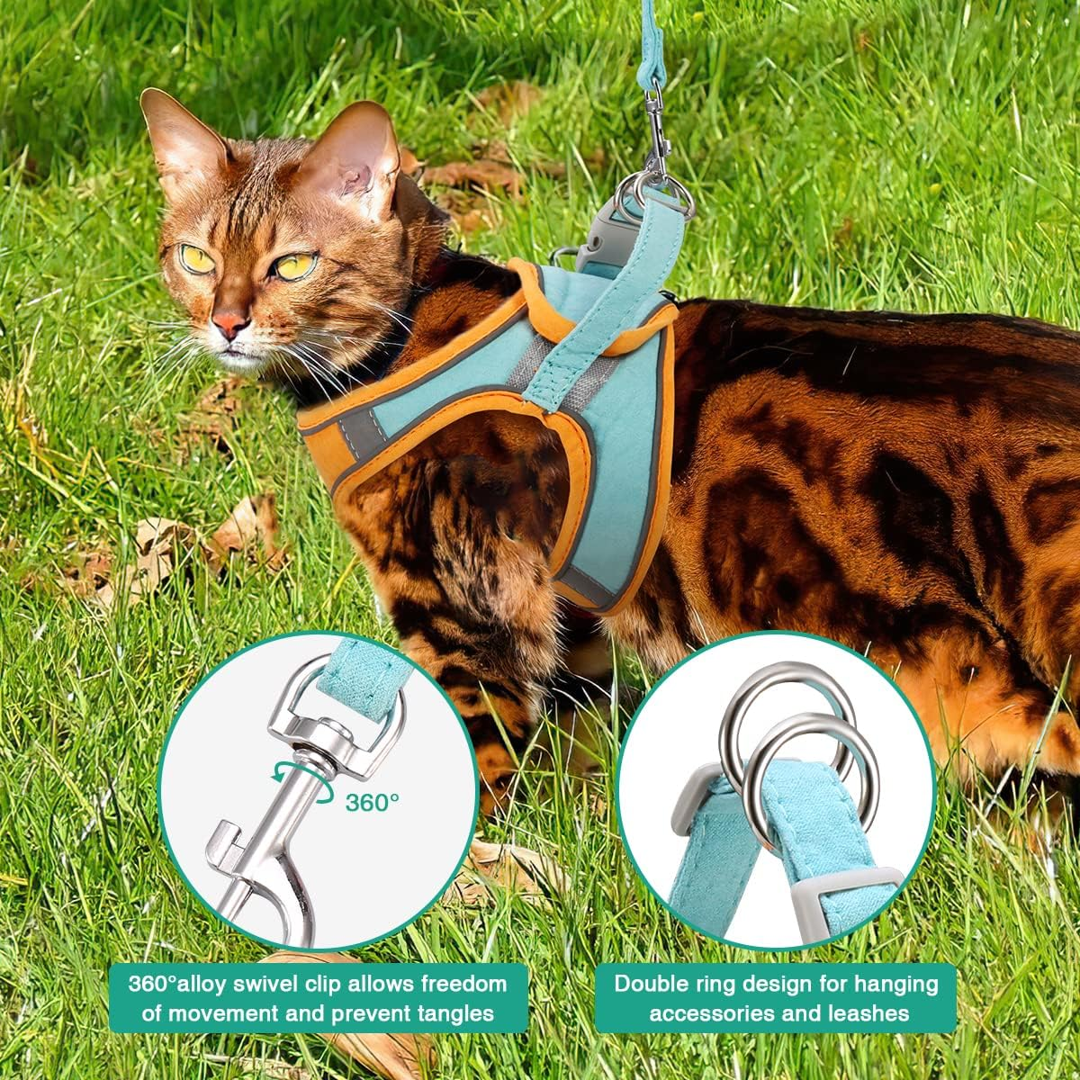 ORIA Pet Harness and Leash Set, Adjustable Dog Harness Cat Harness, Breathable Pet Vest, Reflective Strips Jacket for Walking, for Small Kitten, Puppy -Orange & Blue, XXS image number 5