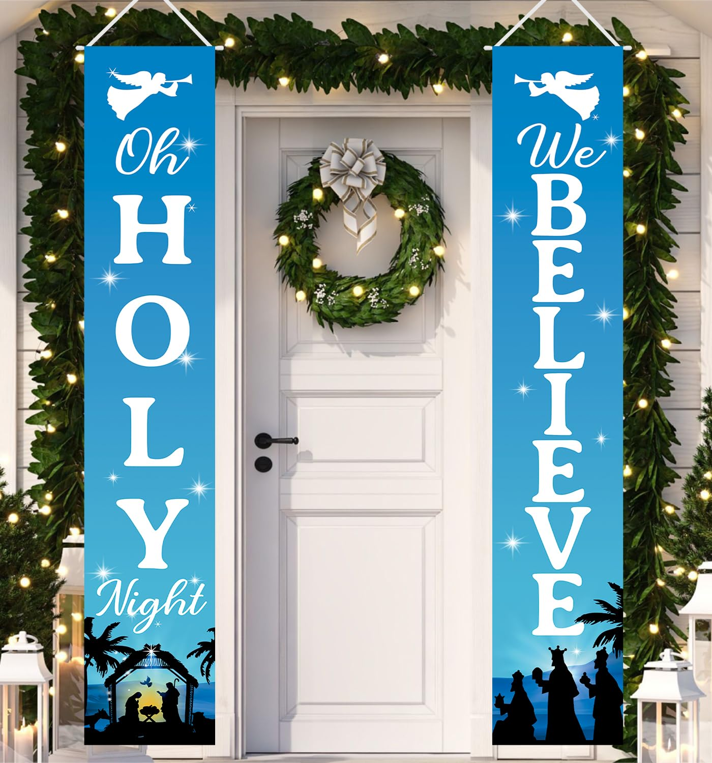 Christmas Decorations Holy Night We Believe Banner Jesus Religious Xmas Porch Door Sign Welcome Banner for Wall Home Party Decor Indoor Outdoor