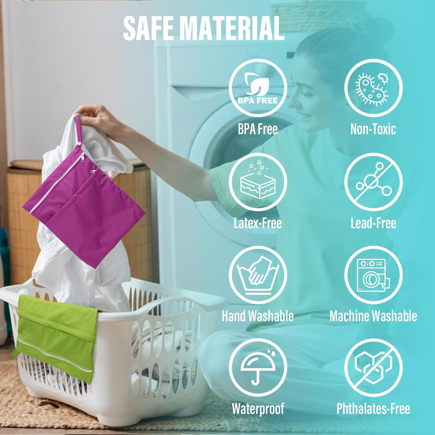 2 Pack Cloth Diaper Wet Bags - Double Zipper Pockets Waterproof Reusable Wet Dry Bag for Baby Diapers, Large Capacity with Wet Dry Separation (Green+Purple) image number 6