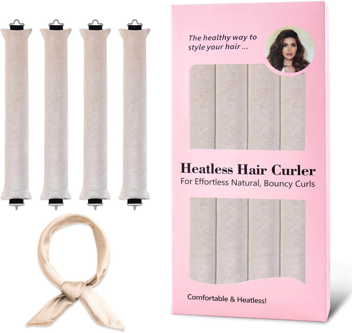 Heatless Hair Curler Curling Rod Headband, Sleep Overnight Heatless Curling Rollers Set Styling Tools for Women Girls, 4 Pack Beige Curling Rods with One Silk Head Scarf