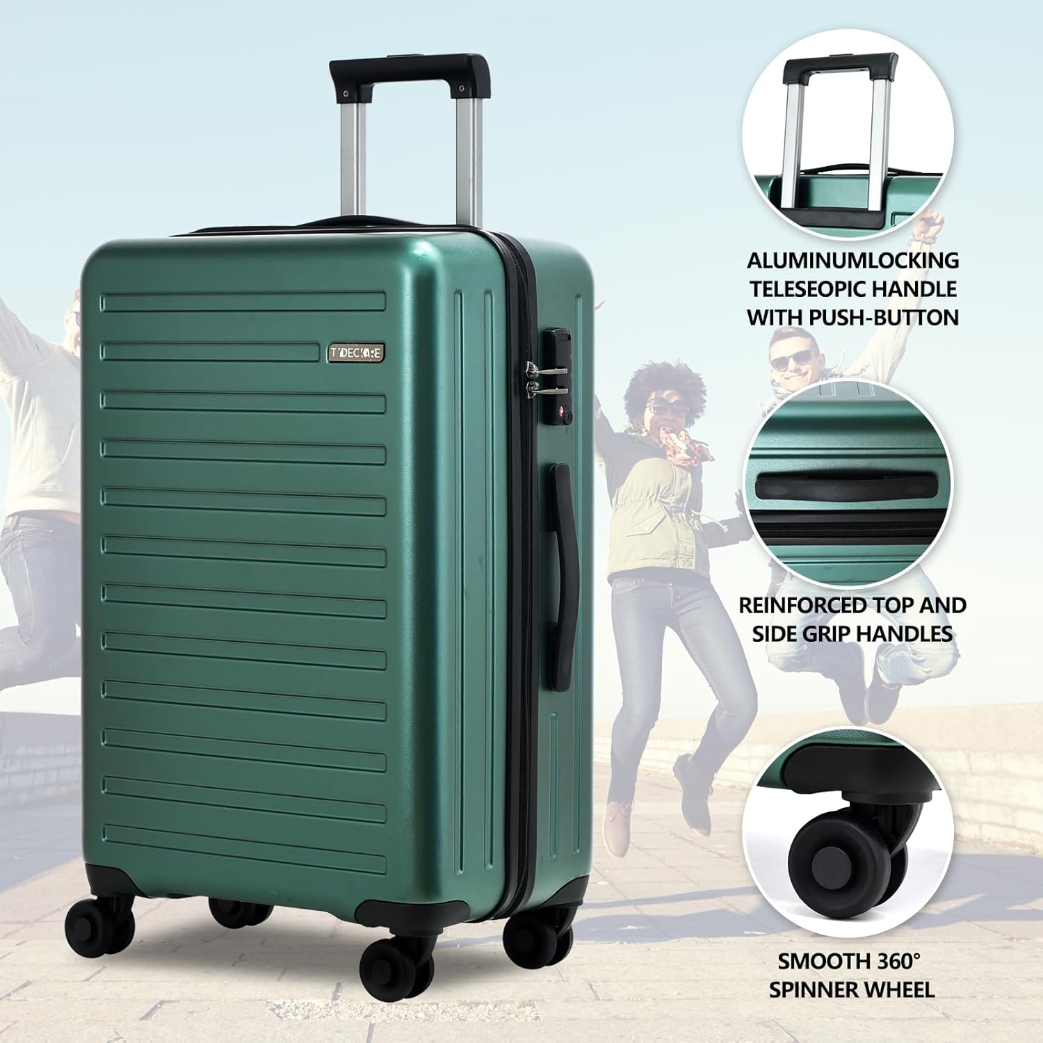 3Pcs (20/24/28) Luggage Set, Hardshell Lightweight Only 20" with Front Pocket, 21.65*15.35*7.87" Fits Overhead Cabin, 24" (26*17.7*10.2") and 28" (19.68*11.81*29.92") Checked Luggage, Green - Dark Green image number 5