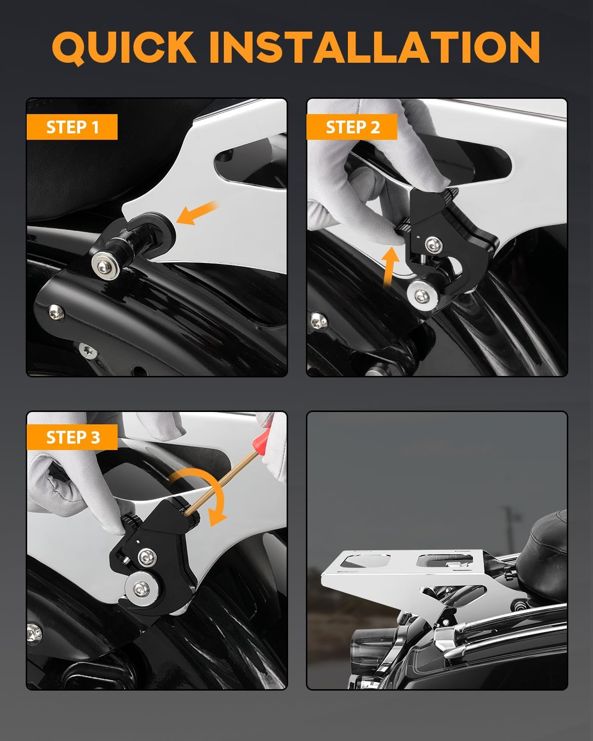 PBYMT Tour Pack Mount Thicker Tour Pack Bracket Detachable Two-Up Luggage Rack Fits for Harley Davidson Touring Street Glide Road King Electra Glide 2014-2025,Chrome image number 3