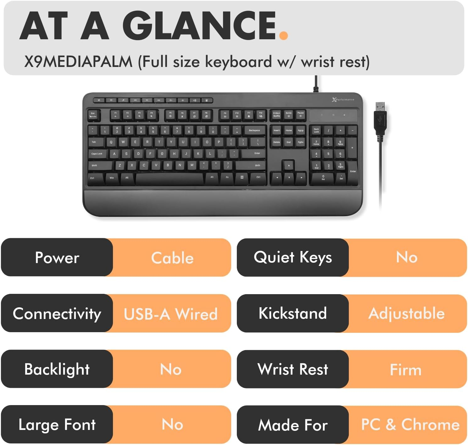 X9 Wired Keyboard - Comfortable Typing - Ergonomic Full Size USB Keyboard with Wrist Rest, Number Pad, Multimedia and 114 Keys - External Computer Keyboard for Laptop, Desktop and Office PC image number 2