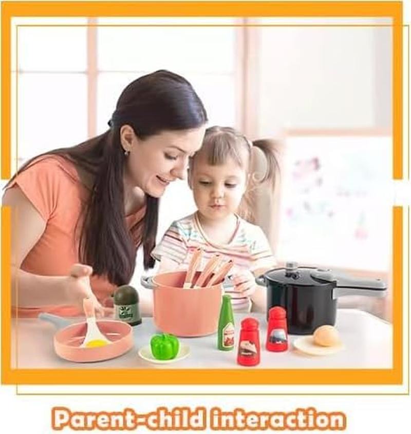 32Pcs Kids Kitchen Toy Accessories, Toddler Pretend Cooking Playset with Play Pots and Pans, Utensils Cookware Toys, Play Food Set, Canned Toy Vegetables,Toddlers Boys Girls Birthday Gift（Pink)