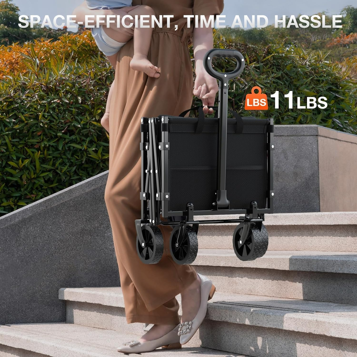 Foldable Wagon with Wheels, Portable Heavy Duty Collapsible Beach Cart - Large Capacity Utility Wagon for Shopping, Sports, Camping，Garden，Grocery - Black