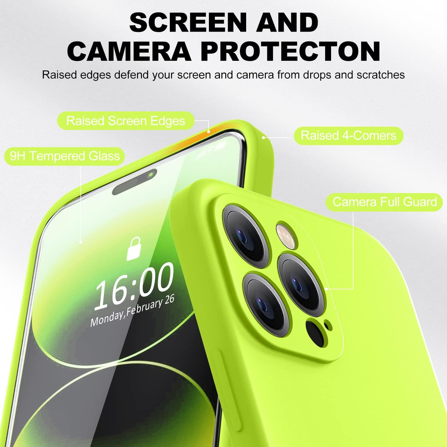 Bosskiss Compatible with Iphone 14 Pro Max Case 6.7 Inch, Premium Liquid Silicone Case [Velvety Touch] [2 Pcs 9H Tempered Glass Screen Protector], Camera All-Round Protection Case, Fluorescent Green image number 1