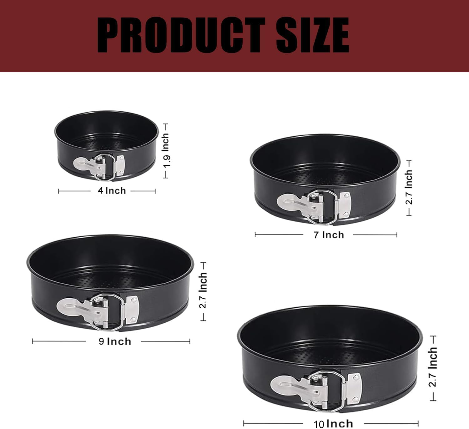 Springform Cake Pan Set of 4 (4, 7, 9, 10 Inch) round Leakproof Nonstick Cheesecake Pans with Removable Bottom Carbon Steel Bakeware image number 3