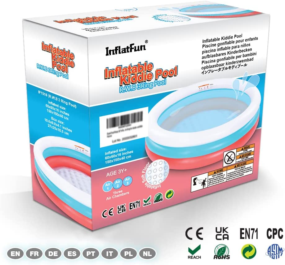 152Cm Inflatable Pool with Soft Floor, 3-Ring Baby Pool, Kids Swimming for Indoor or Outdoor, Big Ball Pit (Red White Blue)