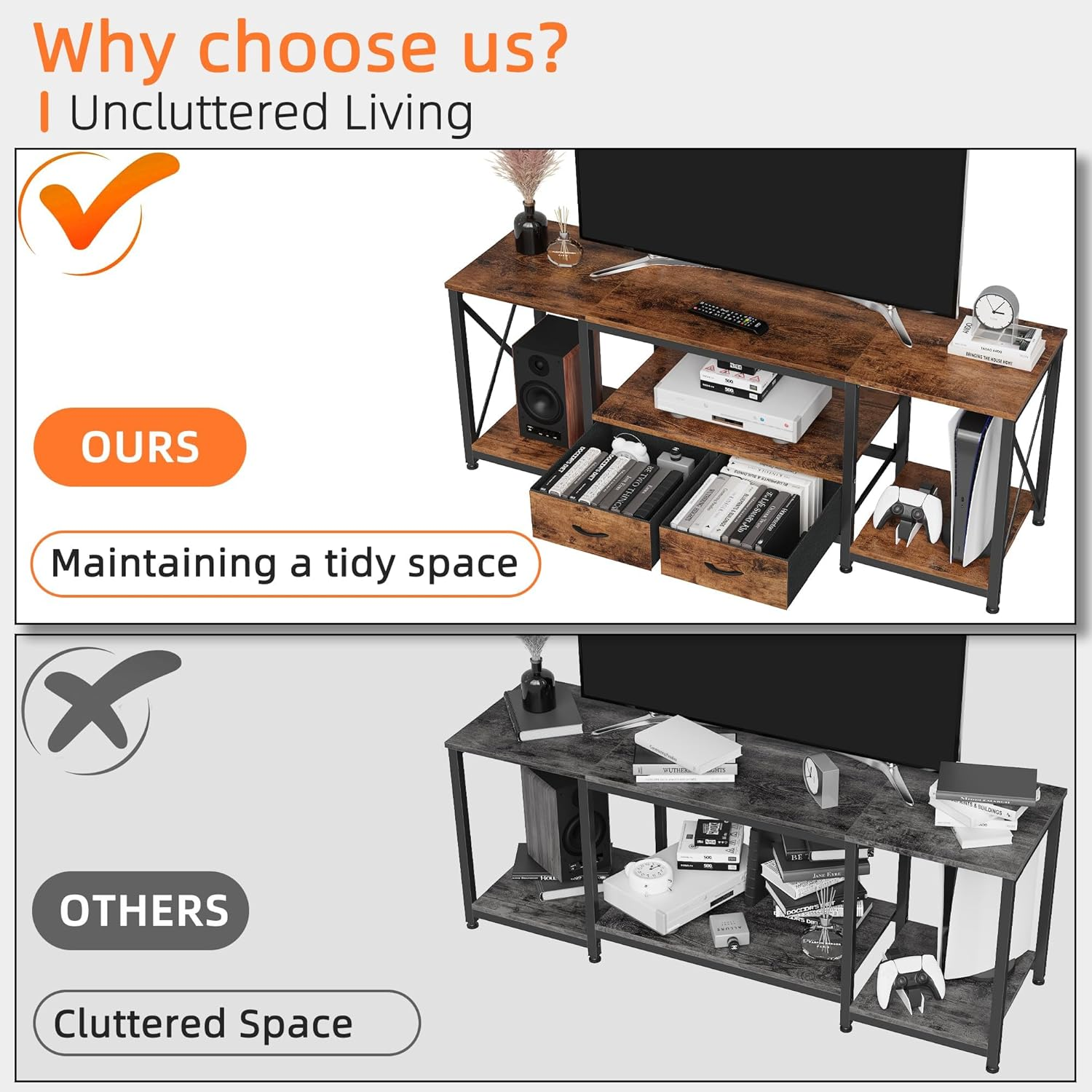 TV Stand with Drawer for 65 70 75 Inches TV - Entertainment Center and Industrial TV Console Table with Open Shelves for Living Room, Bedroom - 63" Rustic Brown image number 1