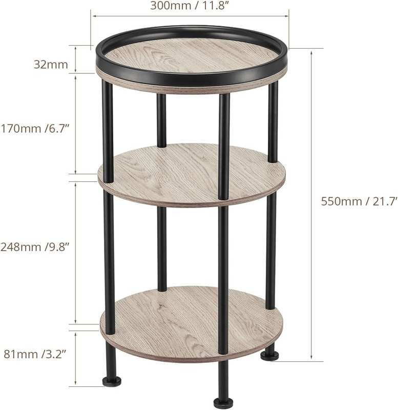 Side Table, 3 Tiers, round Night Table, Width 11.8 X Depth 11.8 X Height 21.7 Inches (30 X 30 X 55 Cm), Living Side Table, Bedside Table, Mini Table, Folding Side Table, Wood Grain Table, image number 2
