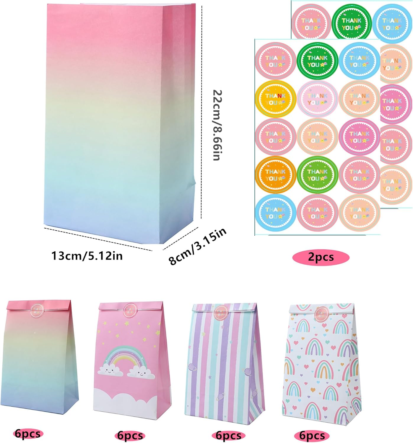 OSYLICT 24PCS Party Gift Bag with Thank You Stickers, Wrapping Gift Paper Bags for Kids Girls Boys Birthday Bags Party Bags Wedding Favor Bags image number 6