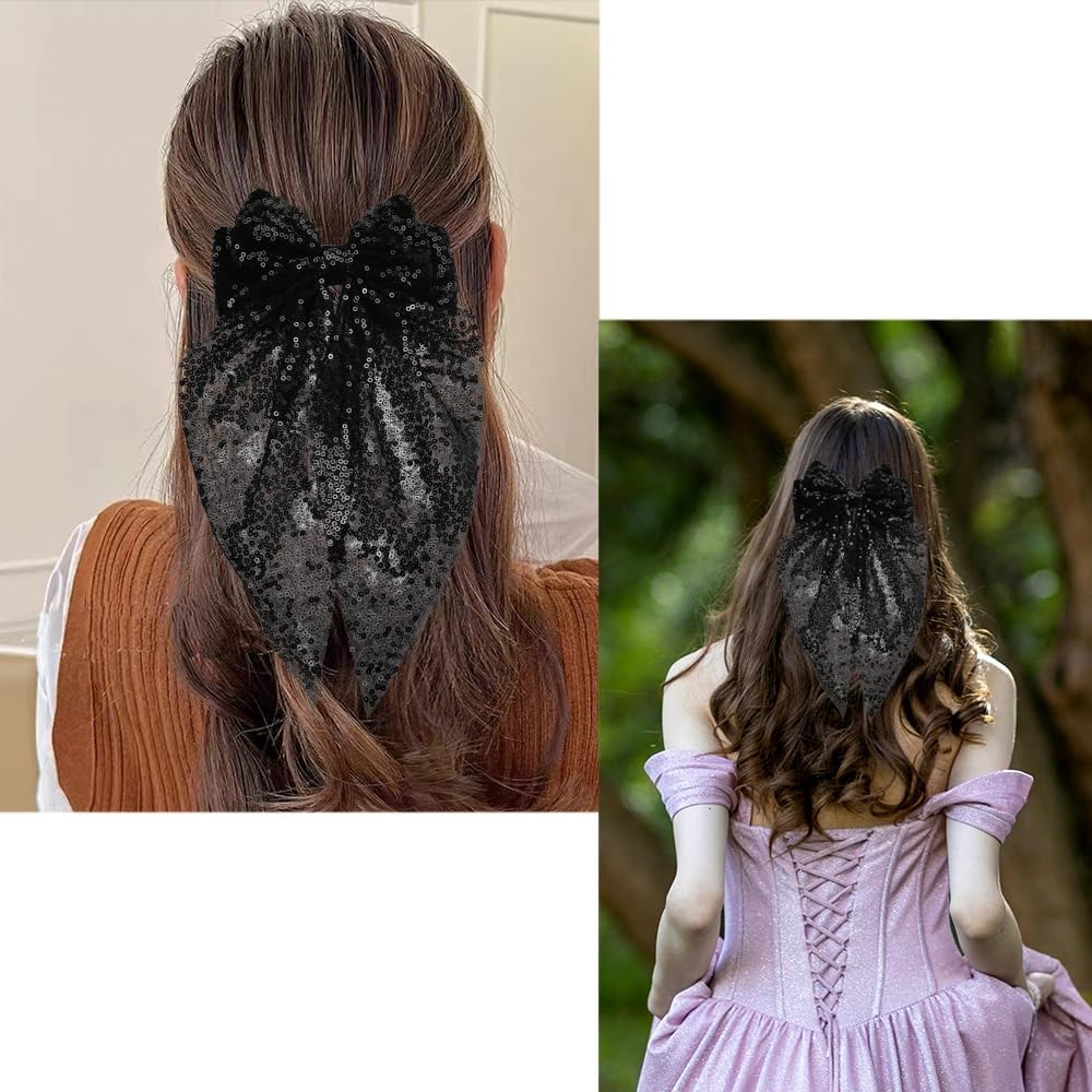 Big Sequin Black Hair Bow Clips Glitter Bows for Hair Ribbon Bow-Knot Hair Clips Barrettes Headwear Disco Festival Party Hair Accessories for Women image number 6