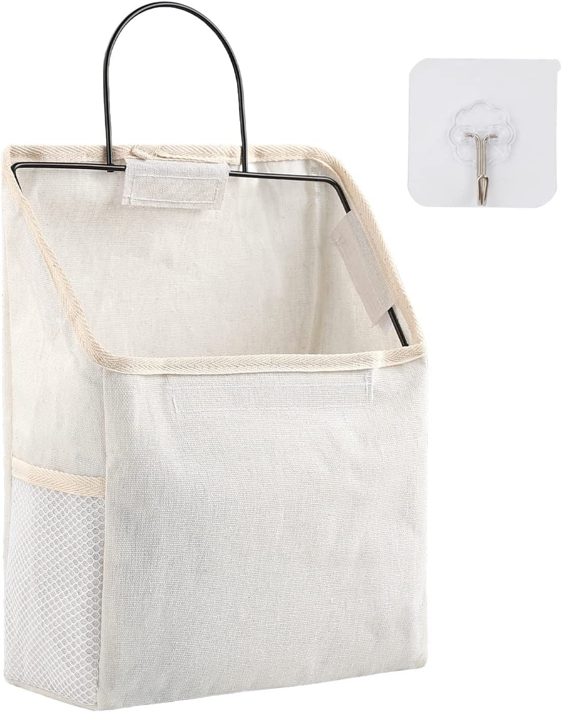 Surblue Wall Hanging Storage Bag with Sticky Hook, Closet Hanging Storage for Pocket, Bathroom Dormitory Organizer Bag, Linen Cotton Organizer Box Containers for Bedroom(White) image number 6