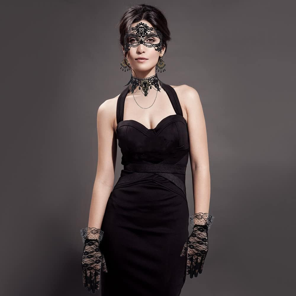 WOTOW 4Pcs Halloween Masquerade Costume, Women Girls Black Gothic Choker Lace Mask Elegant Mesh Lace Gloves Retro Earring for Victorian Steampunk Jewelry Party Wedding Cosplay Suit
