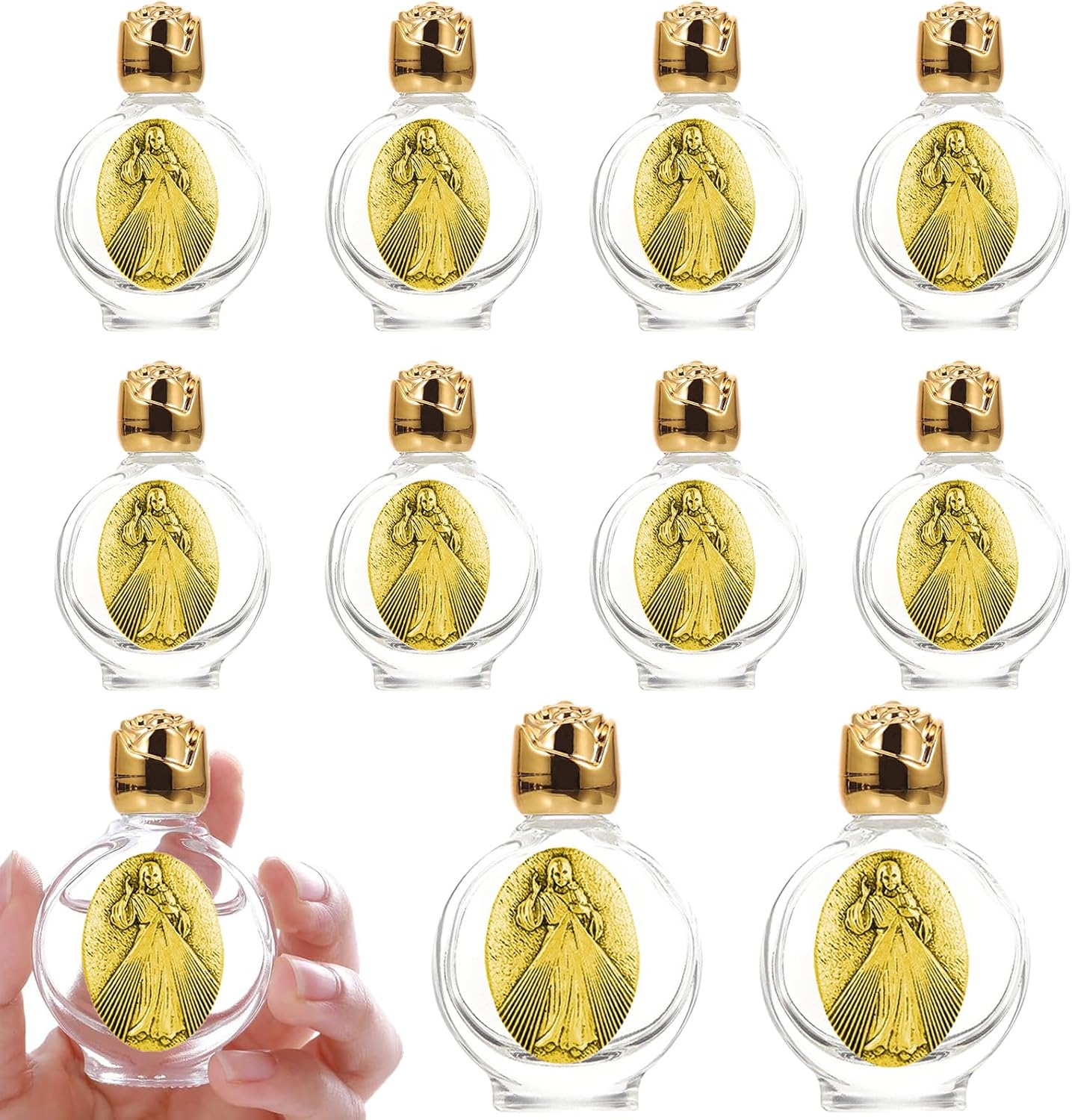 12 Pcs Embossed Holy Water Bottles 0.5 Floz Glass Water Bottle Portable Holy Water Container Church Blessing Decorations Bottles for Home Wedding Baptism Party Favors (Divine Mercy, Silver) image number 3