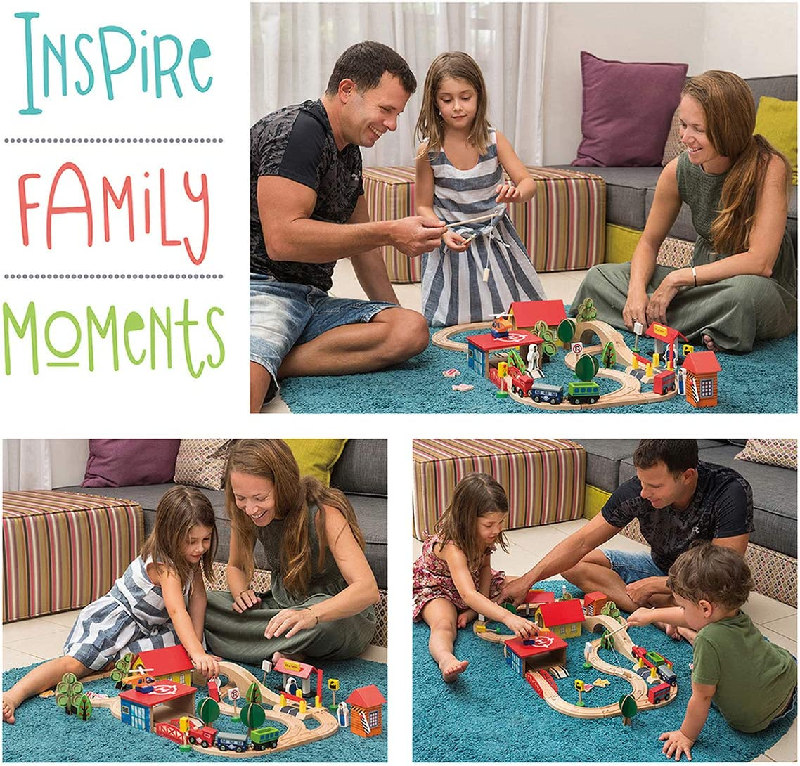 Wooden Train Tracks Set for Kids, Toddler Boys and Girls 3, 4, 5 Years Old and up - 69 Pieces &ndash; Premium Wood Construction Toys - Fits Thomas, Brio, IKEA, Imaginarium, Melissa and Doug image number 1