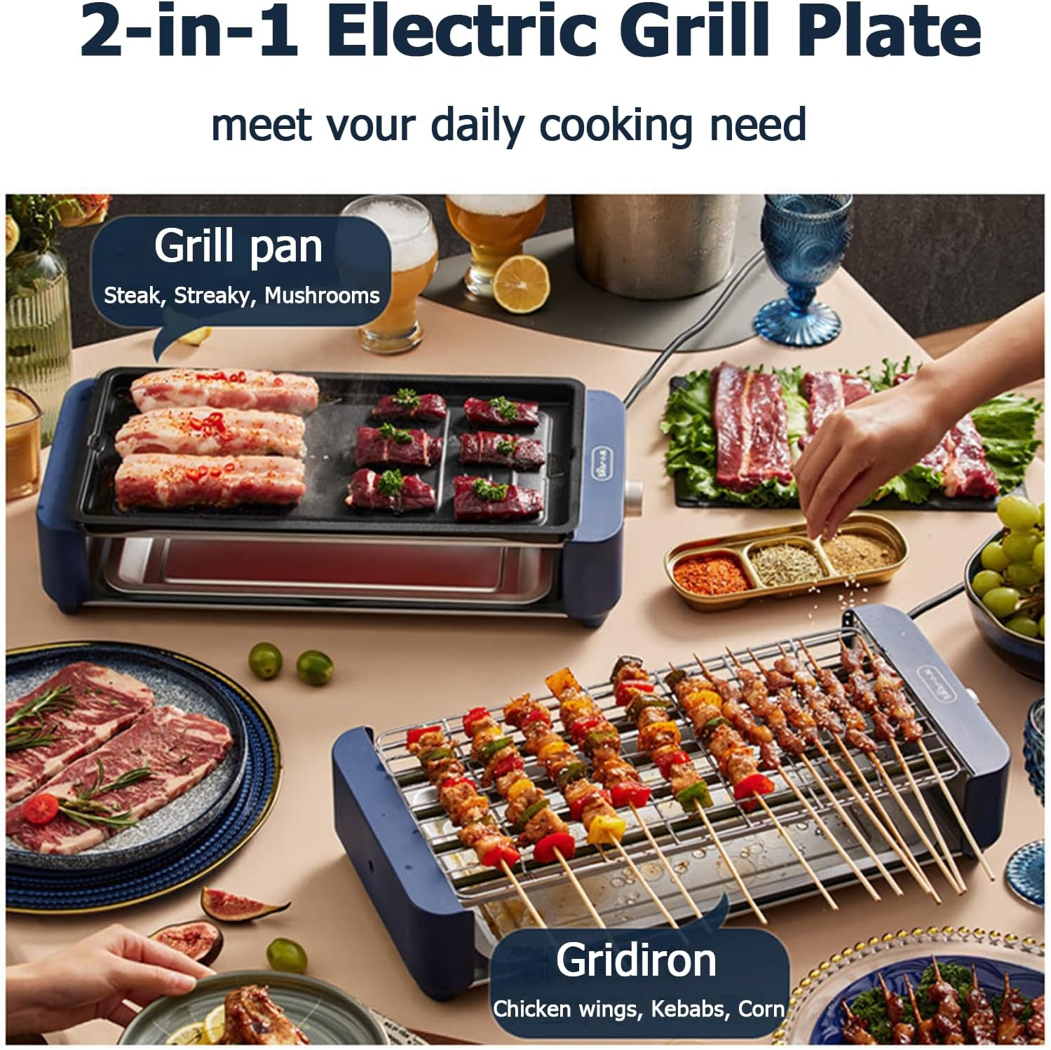 Electric BBQ Grill, 2-In-1 Smokeless Electric Grills with Removable Grill & Non-Stick Baking Pan, Portable Korean BBQ, Knob Temperature Control, 2000W, Dishwasher Safe image number 3