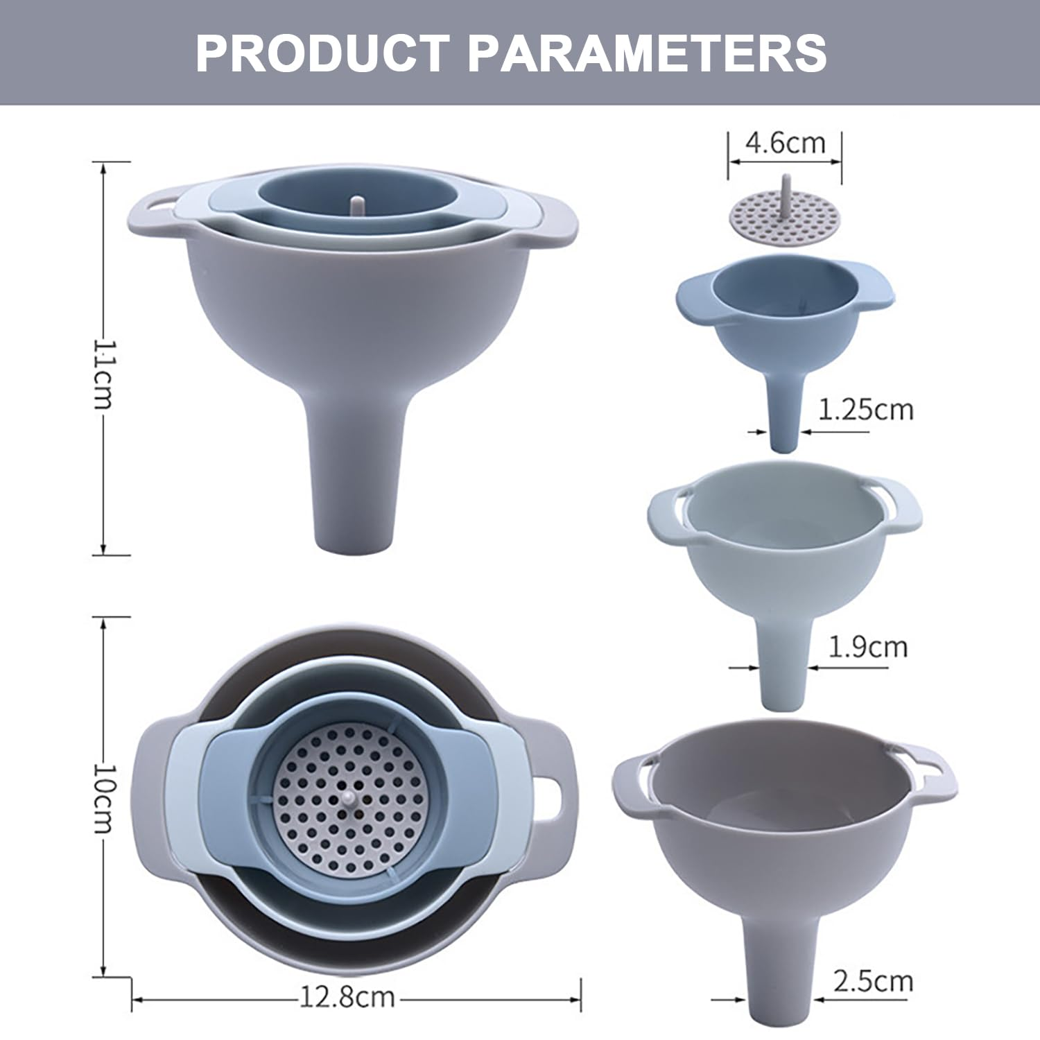4-In-1 Kitchen Funnel Set with Strainer - Bpa-Free Plastic, 3 Sizes (2.5/4.6/12.8Cm), Kitchen Liquid Dispensing Filters Perfect for Oil, Liquid & Powder Transfer image number 2