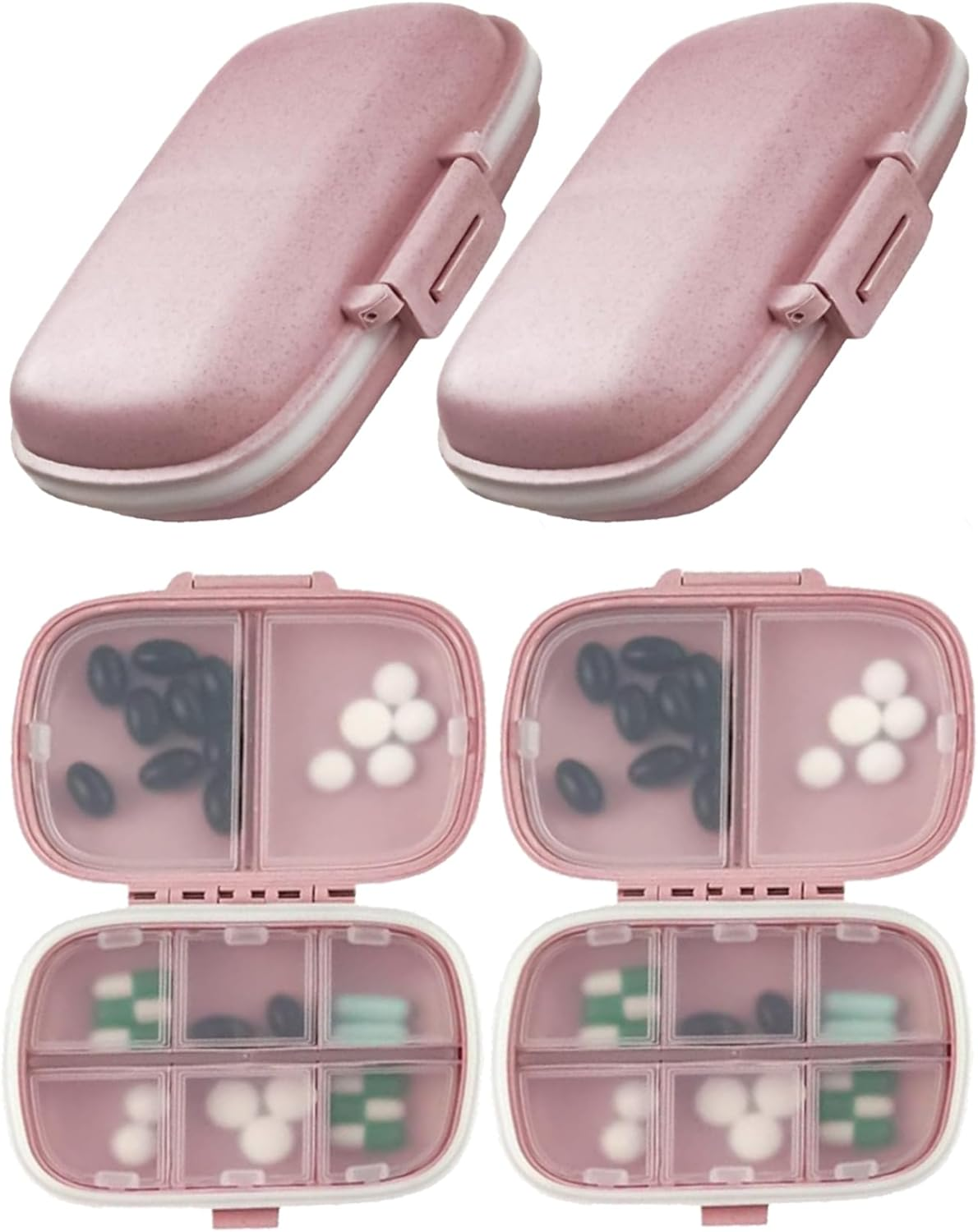 2 PCS Travel Pill Organizers, Daily Pill Organizers, 8 Compartments Portable Pill Cases, Pill Box to Hold Vitamins Cod Liver Oil, Small Pill Box for Pocket Purse Medicine Container Beige (Pink)