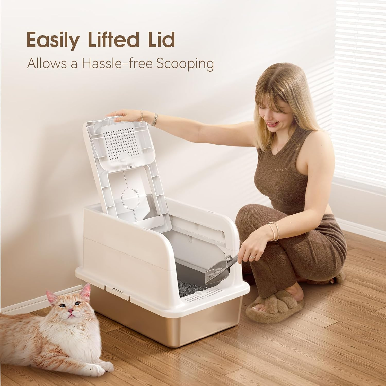 Stainless Steel Cat Litter Box with Lid - Fully Covered Litter Box with anti Leakage High Enclosure - XL Large Non-Stick Metal Enclosed Litter Box - Hooded Litter Pan Easy Clean Lift Cover