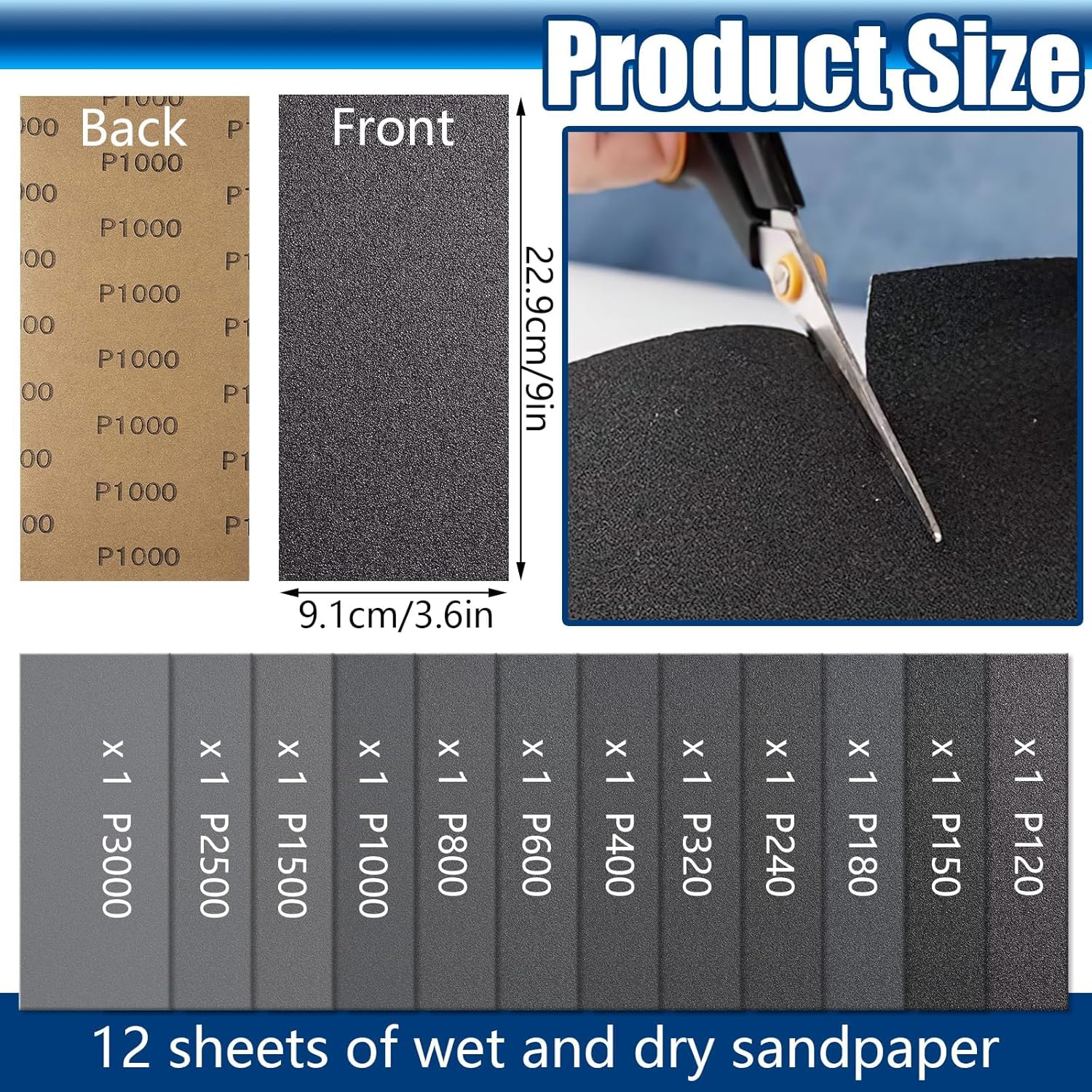 Sand Paper, Sandpaper Sheets 120/150/180/240/320/400/600/800/1000/1500/2500/3000Grit, 12Pcs Wet Sandpaper for Wood, Metal and Car Polishing (23 X 9Cm/9 X 3.6Inch)