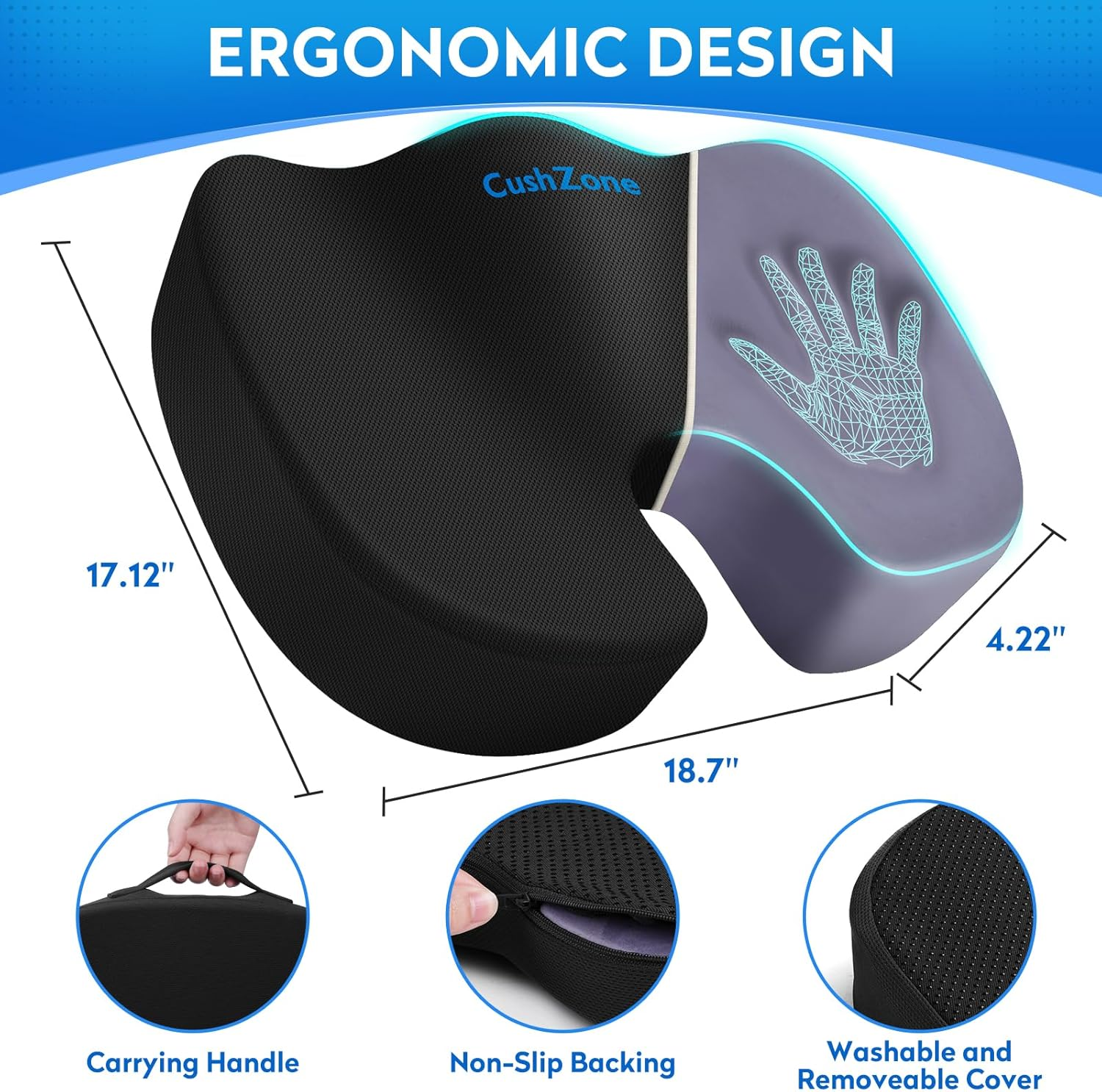 Xxlseat Cushion Office Car Seat Cushion, Memory Foam Cushion for Office Chair, Car Seat, Airplane, Bleacher Non-Slip Chair Pad, Butt Pillow for Desk, Wheelchair, Car (Black) image number 6