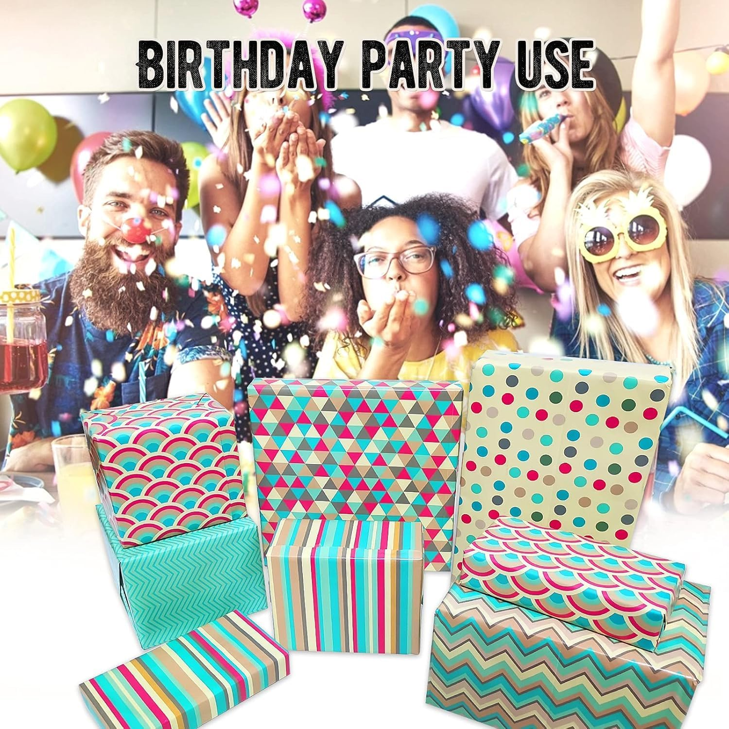 FLTON Gift Wrap Set, 6 Pack Wrapping Paper with Sticker, Eco Friendly 70Cm X 50Cm, Perfect for Birthday, Wedding, Christmas image number 2