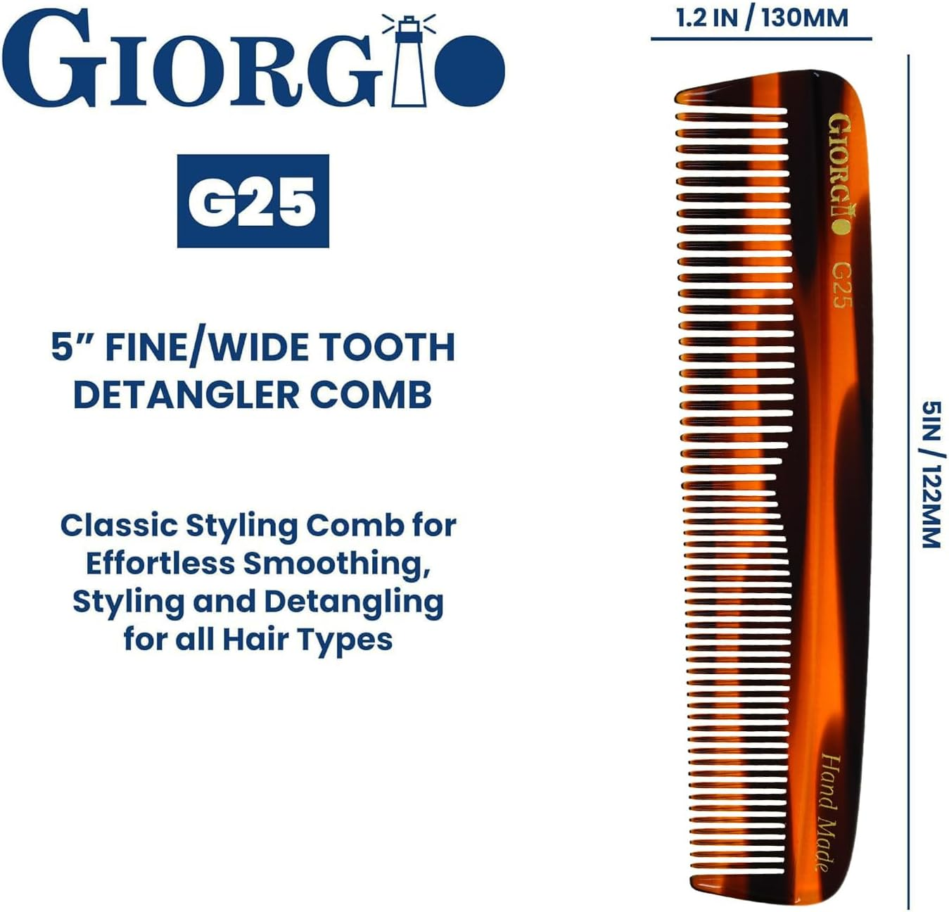 Giorgio G25 Finetooth and Widetooth Pocket Comb - Hair Styling Comb for Men and Women, Handmade Beard Combs for Men, Barber Combs, for Grooming,Saw Cut and Polished (Tortoiseshell) image number 1