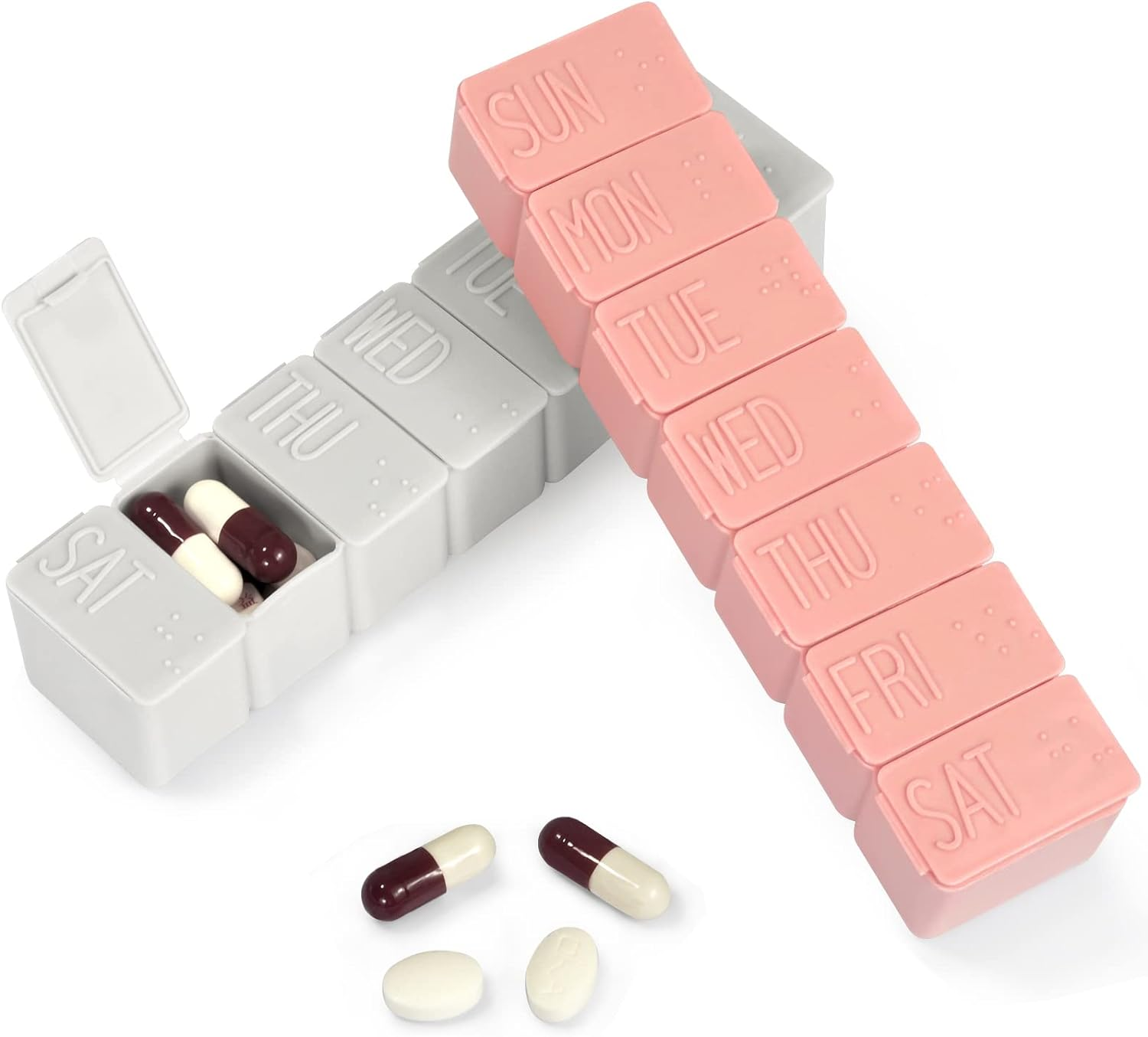 Pill Organizer-Pill Boxes for Travel, 7 Day with Braille Pill Case Vitamins Fish Oil Supplements, Medication Organizer Dispenser for Fish Oils, Vitamin Holder Supplement (Beige+Gray)