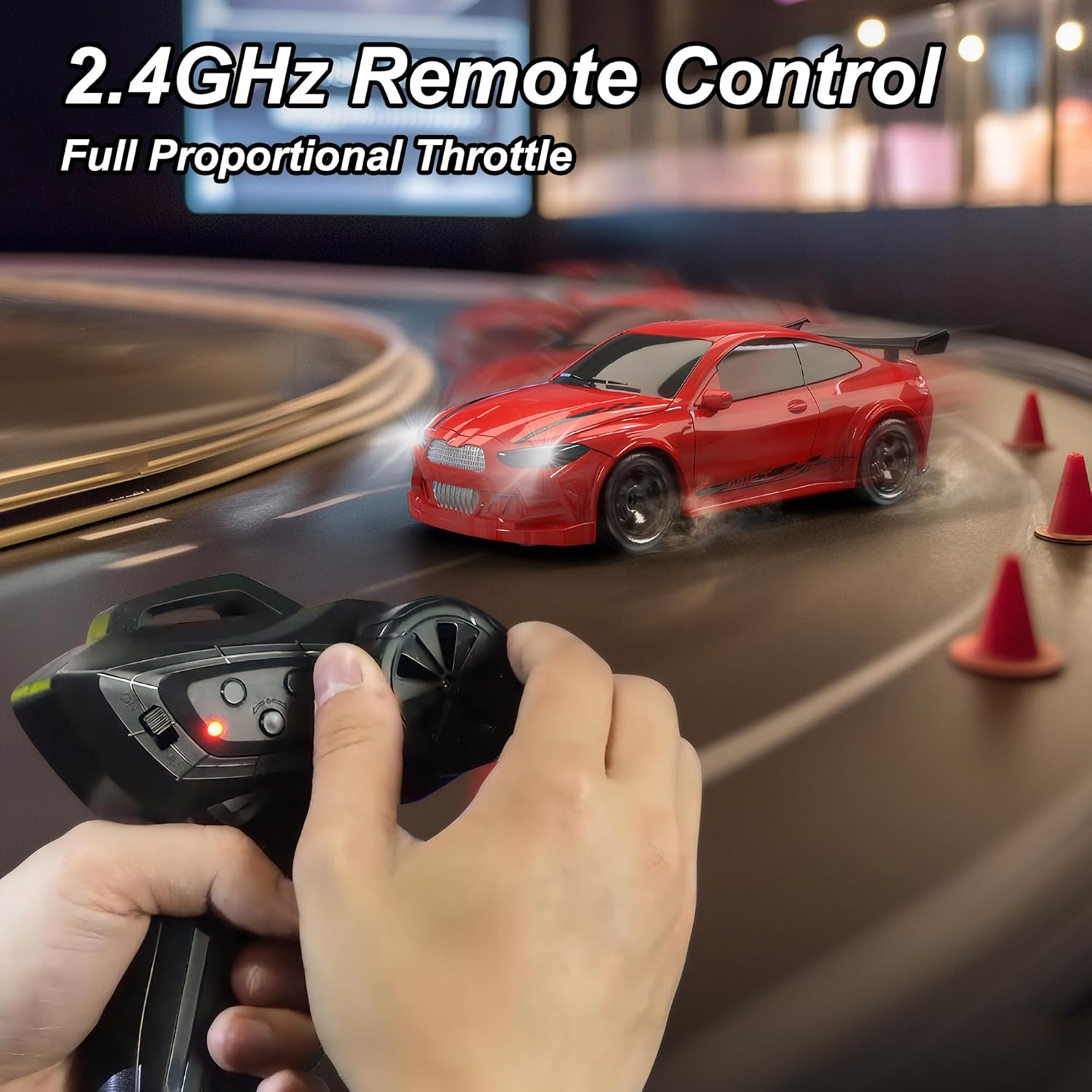 Mini RC Drift Car with Lights, 1:64 4WD 2.4Ghz Full Proportional Remote Control Car for Kids Adults (Black)