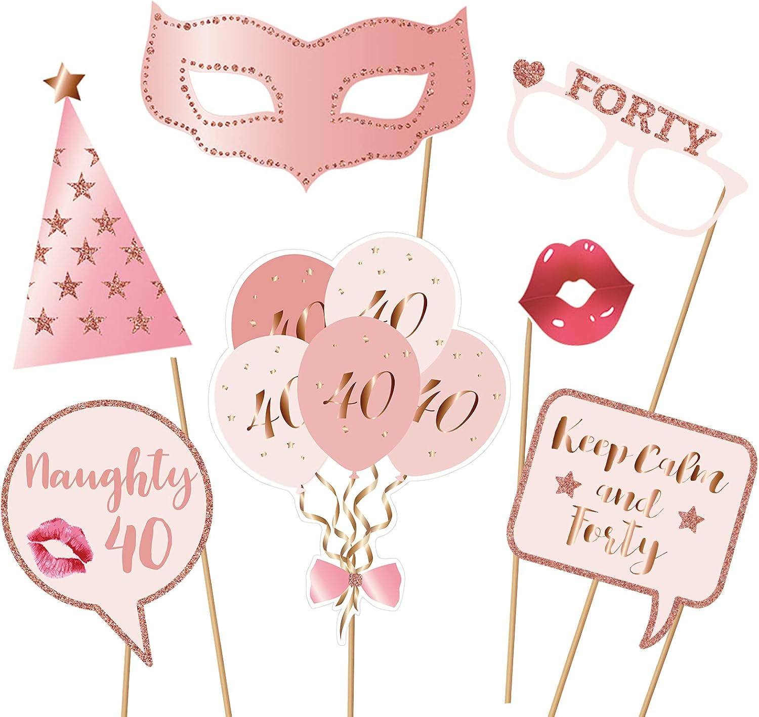 40Th Birthday Party Photo Booth Props and Signs, Rose Gold 40 Birthday Party Selfie Props Kit with Sticks for Girls Women, Forty 40Th Happy Birthday Party Decorations Supplies Favors