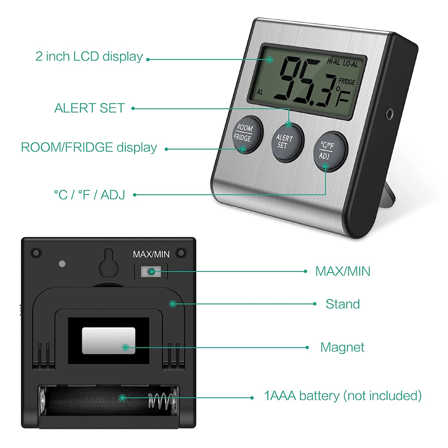 ORIA Digital Refrigerator Thermometer, Fridge Thermometer with High Low Temperature Alarm, Memory Function, Battery Operated - Black image number 2