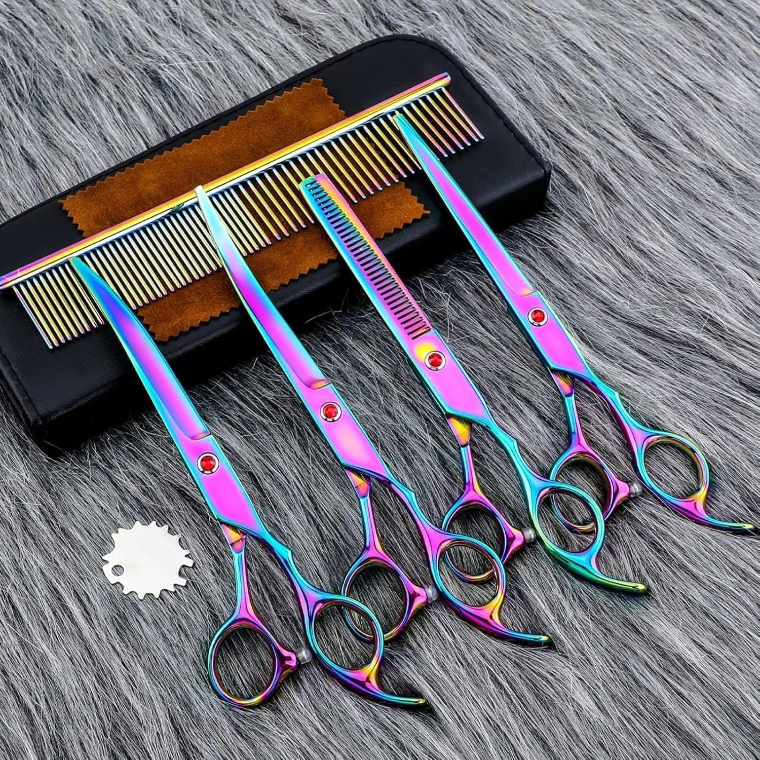 Visuivit Professional Dog Grooming Scissors Set 18Cm/7 Inch, 8 Piece Dog Grooming Shears - Dog Hair Trimming- 6CR Steel Pet Grooming Scissors Kit (Rainbow) - Blue1 image number 6